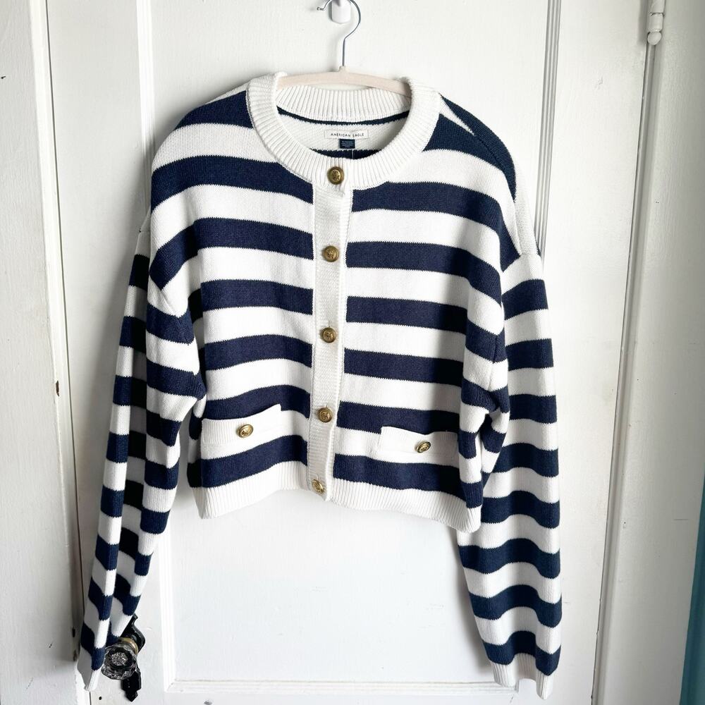 American Eagle Navy Striped Cropped Crewneck Cardigan NWT XL Preppy Nautical - Picture 3 of 15